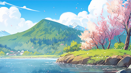湖边开粉色花的树与远处的高山卡通风景图片