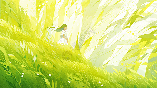 嫩绿茂盛的草丛中一个长发飘飘的卡通小女孩站在风中图片