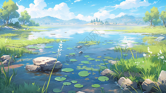 美丽的夏日野外山川河流卡通风景背景图片