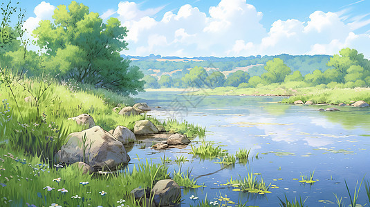 野外河边美丽的卡通风景图片