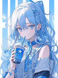 冰蓝清凉夏日女孩喝着奶茶插画