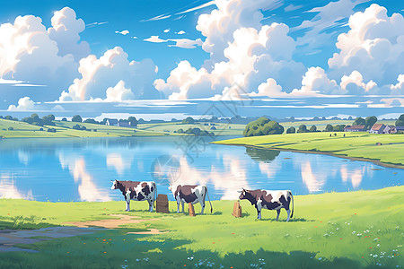 辽阔的草原牛羊吃草天然牧场图片