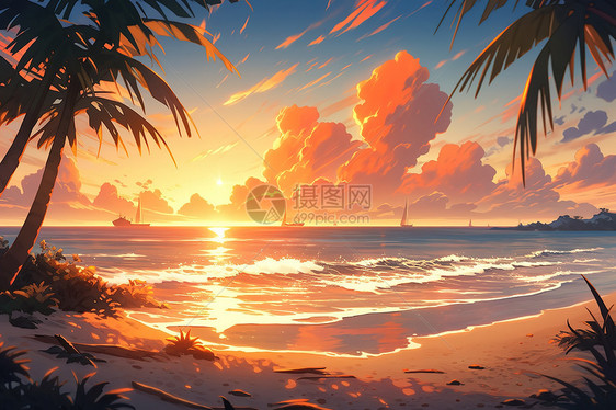 椰林树影海滩日落漫画图片