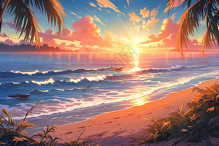 夏天椰林树影海滩日落漫画图片