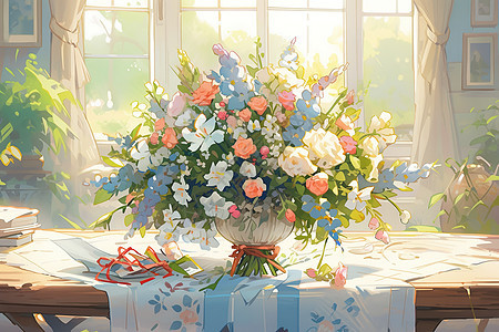 夏天的鲜花插花法国花店风格插画背景图片