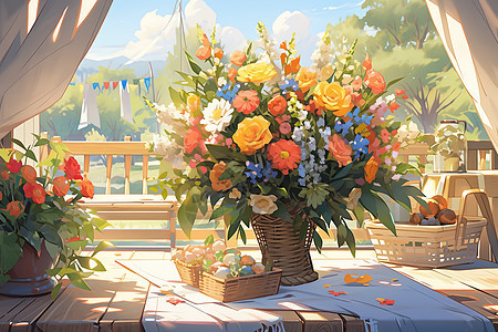 夏季的鲜花插花法国花店风格背景图片