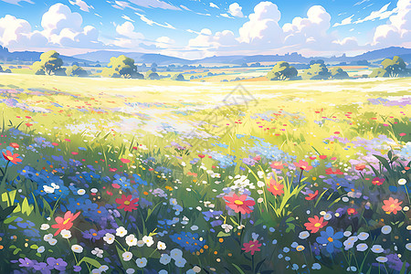 夏天高原草原上的花朵治愈插画图片