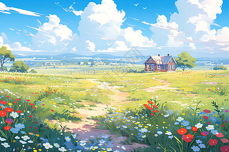 夏天高原草原上的花朵唯美插画图片