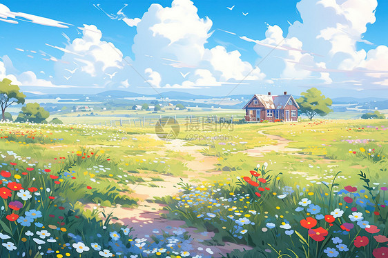 夏天高原草原上的花朵唯美插画图片