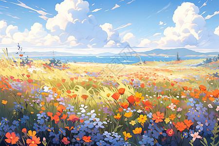 夏天高原草原上的花朵小清新治愈插画图片
