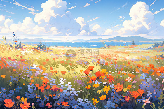 夏天高原草原上的花朵小清新治愈插画图片