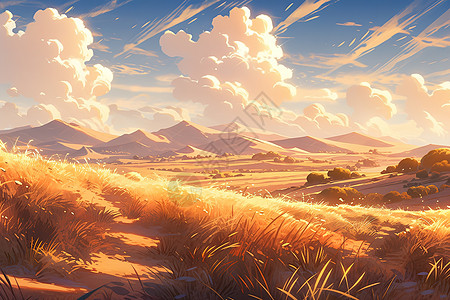 秋天金色的沙漠风光漫画高清图片