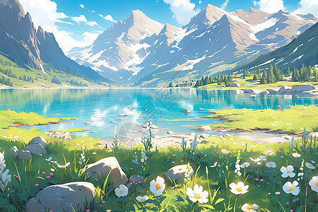 草原高原壮观的雪山湖泊唯美插画图片