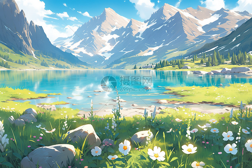 草原高原壮观的雪山湖泊唯美插画图片