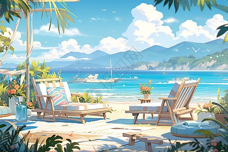 夏天的海边风景躺椅背景图片