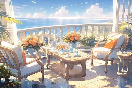 夏日面朝大海的阳台桌椅图片