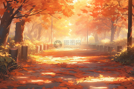 秋天的树叶落在公园的地上图片