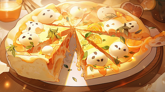 餐桌上的柠檬棉花糖披萨卡通美食背景图片