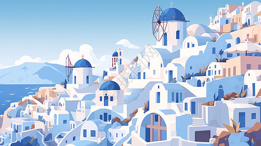 海边漂亮的蓝色房顶白色房子卡通城市图片
