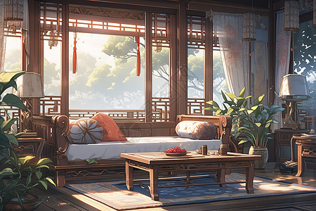 新中式的客厅室内装饰漫画场景图片