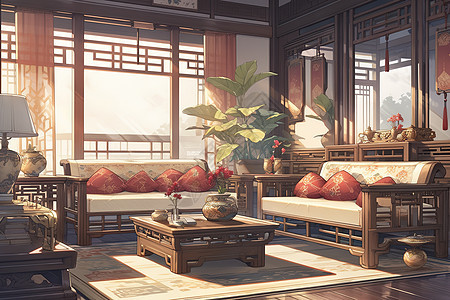 新中式的客厅室内装饰动漫场景图片