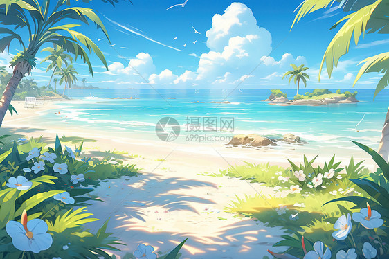 夏日热带海边风景治愈插画图片