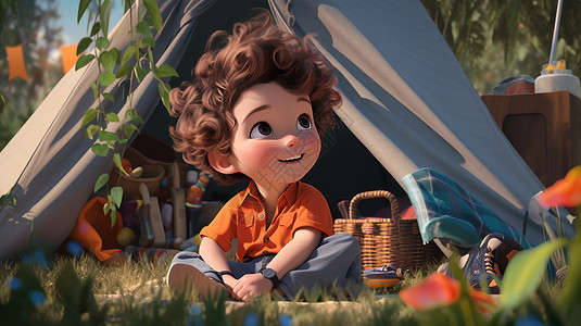 坐在帐篷外露营开心欣赏风景卡通卷发男孩图片