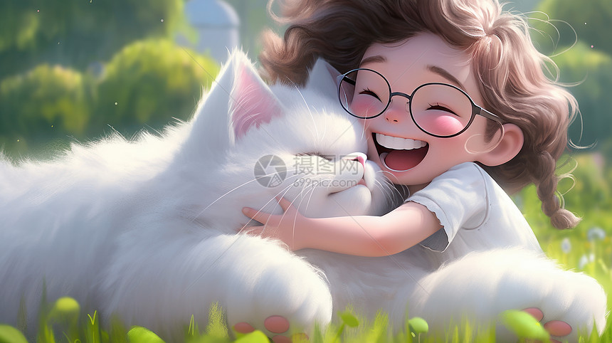 戴眼镜的可爱卡通小女孩抱着白色大猫开心笑图片