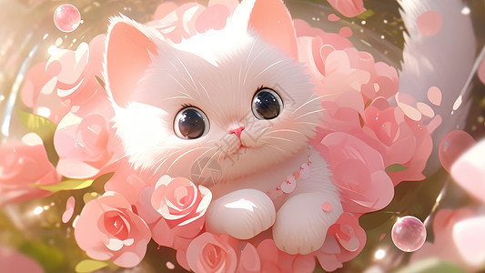 在粉色花束中可爱的大眼睛卡通小白猫图片