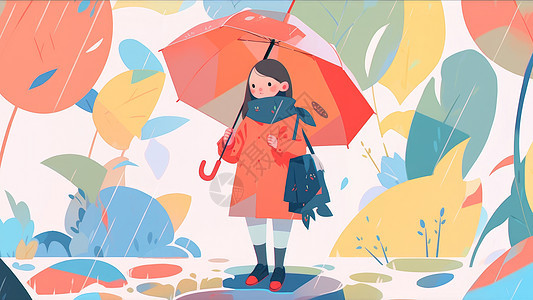下雨中拿着红色雨伞的可爱卡通女孩图片