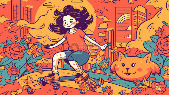 在城市中滑滑板的卡通女孩橙色调儿童插画图片