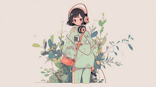 戴着耳麦听音乐站在草丛中的卡通女孩儿童插画图片