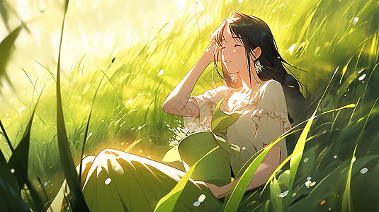 可爱女孩坐在草地上背景图片