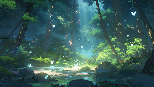 美丽的卡通森林深处河流上飞着很多发光的蝴蝶图片