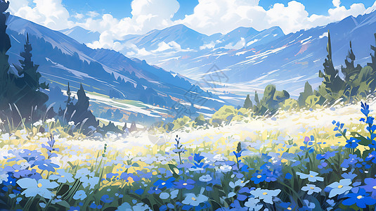 卡通风景山脚下美丽的小河边开满白色野花图片
