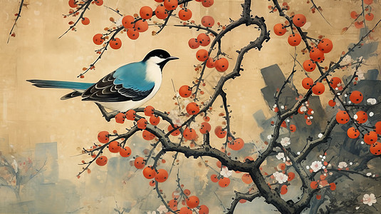 水墨画古风结满小柿子的树枝上站着一只蓝色羽毛小鸟图片