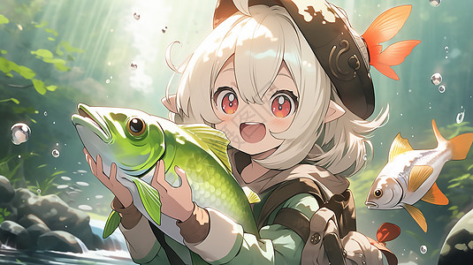 可爱女孩抱着鱼高清图片