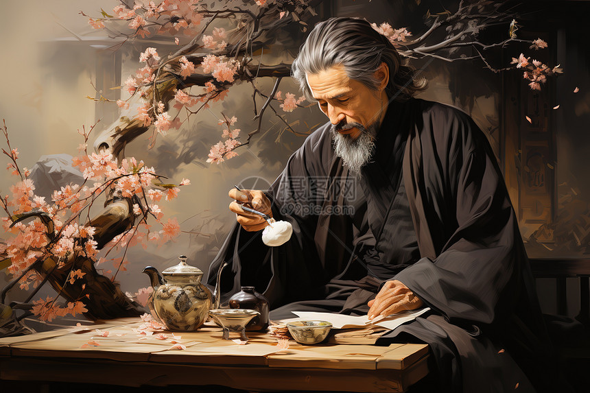 中国古代大夫在研究草药写实插画图片