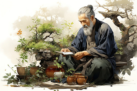 中国古代大夫在研究中草药背景图片