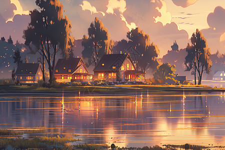 夕阳下湖边的小屋漫画图片