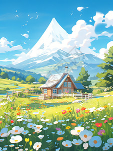 雪山山脉下的村庄和草地二次元插画图片