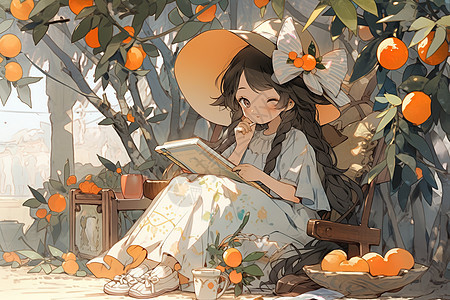 坐在橙子树下画画的女孩卡通插画图片