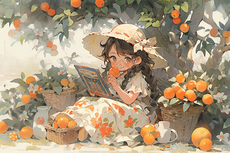 坐在橙子树下看漫画的女孩图片