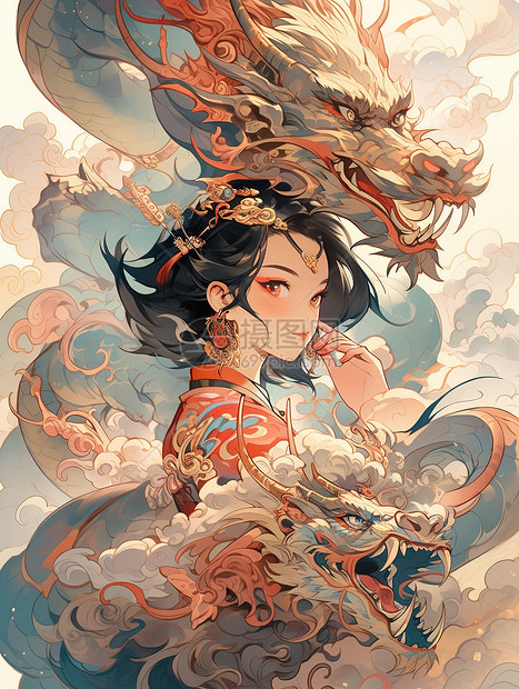 神秘中国龙和美女国潮插画图片