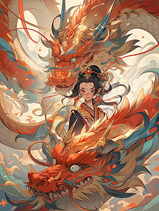 神秘中国龙和美女国风插画图片