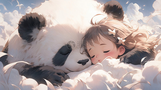 可爱的大熊猫与卡通小女孩依偎在一起睡觉图片