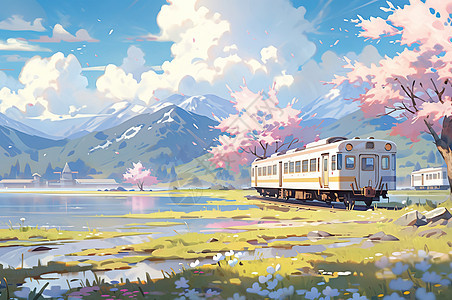 春天行驶在路上的列车图片