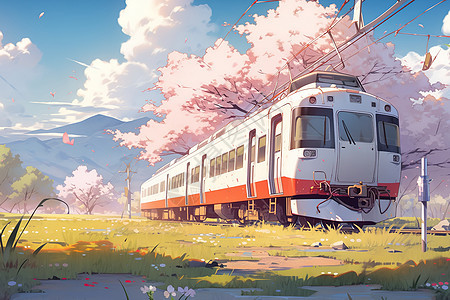 春天行驶在路上的列车小清新插画图片