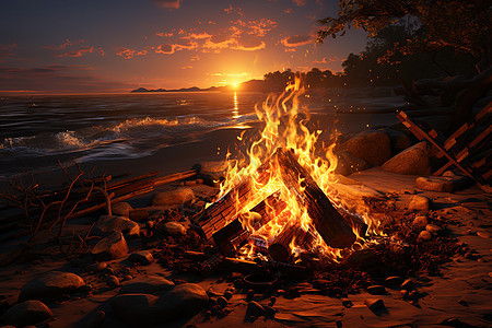 夏日海边日落中的篝火背景图片