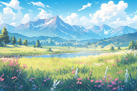 高原草地上小野花卡通风景图片